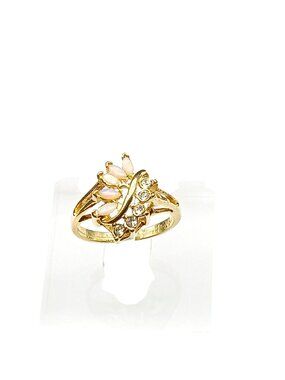 Uncas Vintage Gold-Plated Marquise Opal & Rhinestone Statement Cocktail Ring